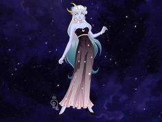 a woman with long hair and horns standing in front of the night sky wearing a dress