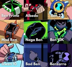 cartoon characters with their names in different colors and sizes, including the name ben prime, ben