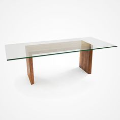 a glass and wood table on a white background