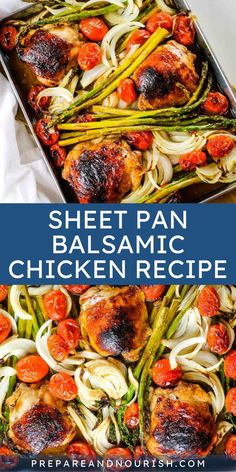 sheet pan balsamic chicken recipe with asparagus, onions and tomatoes on top