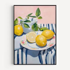 a painting of some lemons on a plate