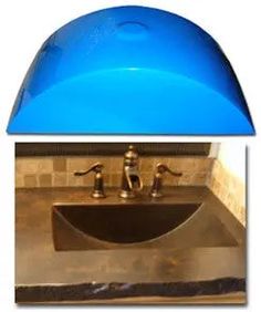 a sink with a blue cover over it and the same image as above, in front of a tiled wall