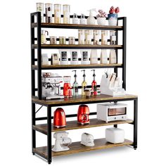 three tiered shelving unit with various items on it