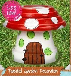 a red and white mushroom shaped garden decoration in the grass with text overlay that says, see how