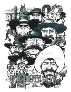 a drawing of many men with hats and mustaches