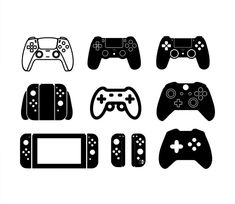 the silhouettes of video game controllers are shown in black and white, including one with two