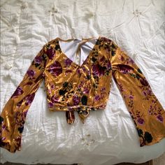 Really Cute Vintage Looking Velvet Top With Gorgeous Floral Design. Has Key Hole Back And A Little Tie To Make It Tighter Or Looser. Bell Sleeves. Nwot Yellow Party Tops For Fall, Fitted Gold Floral Print Tops, Hippie V-neck Printed Top, Long Sleeve Paisley Print Patterned Top, Velvet Bell Sleeve Top, Vintage Button-up Top With Paisley Print, Vintage Paisley Print Button-up Top, Velvet Top, Key Hole