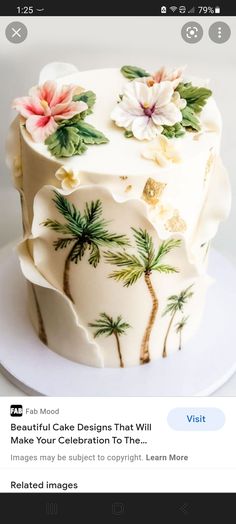 the cake is decorated with palm trees and flowers on it's icing sheet