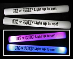 three different colored light up pencils with the words he or she? light up to see