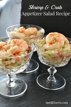 shrimp and crab appetizer salad recipe in small glass dishes on a black table