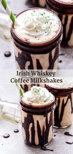 irish whiskey coffee milkshakes with whipped cream and green sprinkles on top