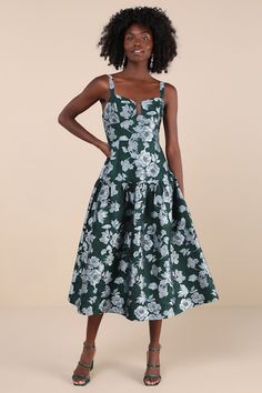 Let everyone know you're an elegant babe from the moment you arrive in the Lulus Major Flirtation Emerald Floral Jacquard Drop Waist Midi Dress! Sleek woven fabric (with a blue-toned floral jacquard) shapes this elevated dress that has adjustable straps and a sweetheart-style neckline with seamed cups and a hidden U-bar support. Fitted silhouette continues into a drop waist that falls to a flaring midi hem. Hidden zipper/clasp at back. Fit: This garment fits true to size. Length: Mid-calf length Dress Drop Waist, Drop Waist Dress, Floral Jacquard, Fitted Silhouette, Blue Tones, Drop Waist, Waist Dress, Mid Calf, Hidden Zipper