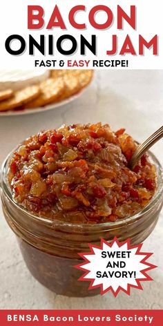 bacon onion jam in a glass jar with a spoon