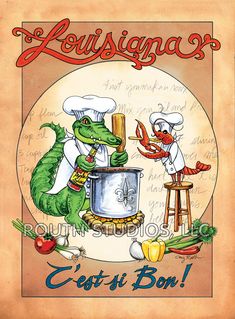 an advertisement for louisina's restaurant with two alligators cooking