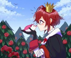 an anime character with red hair and a crown on her head is standing in front of roses