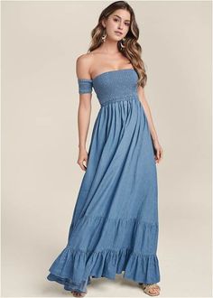 Full front view Off-The-Shoulder Maxi Dress Ruffled Off Shoulder Maxi Dress For Summer, Summer Off Shoulder Maxi Dress With Ruffles, Brunch Off-shoulder Maxi Dress With Ruffle Hem, Ruched Off Shoulder Maxi Dress For Summer, Summer Ruched Off-shoulder Maxi Dress, Bohemian Off Shoulder Dress With Ruffles For Summer, Spring Flowy Off Shoulder Maxi Dress, Maxi Length Off Shoulder Dress For Brunch, Casual Strapless Ruffle Maxi Dress