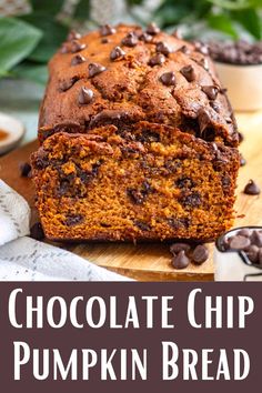 Chocolate Chip Pumpkin Bread is a delicious way to enjoy fall! This recipe creates a moist, delicious, spiced bread, filled with little morsels of chocolate that really take the flavor to a new level! Chocolate Chip Pumpkin Bread Recipe, Easy Pumpkin Bread, Pumpkin Spiced Latte, Homemade Pumpkin Puree