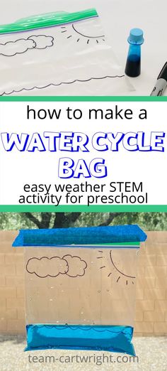 Text: How To Make a Water Cycle Bag easy weather STEM activity for preschool
Top Picture: resealable baggie with sun, clouds, and ocean drawn on it with blue food coloring and shape
Bottom Picture: completed water cycle bag taped to open window for weather science experiment Water Cycle Activities For Kindergarten, Preschool Water Cycle, Water Cycle Plastic Bag Activity, Water Recycle Activities, Water Cycle Kindergarten Activities, Making Rain Science Experiment, Water Cycle Kindergarten, Weather Themed Preschool Activities, Where Does Rain Come From Preschool