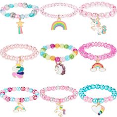 PRICES MAY VARY. Package you can get: it comes with 9 pieces unicorn bracelets with 9 different style and colors in total, sufficient quantity and styles to meet your different decorating needs Adorable design: these unicorn bracelets are strung with beads, and there was a unicorn pendant on it, it has an elastic rope inside to make it easy for you to use, look bright and lively, make you looks more eye-catching in the crowd Size details: the circumference of unicorn bracelet for girls is approx Bracelets Rainbow, Unicorn Bracelet, Colorful Unicorn, Unicorn Pendant, Wooden Bracelet, Rainbow Bracelet, Rainbow Beads, Christmas Birthday Gifts, Cute Bracelets