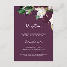 wedding reception card with purple and white flowers