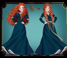 an image of a woman with long red hair wearing a blue dress and gold trimmings