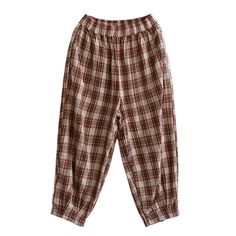 Details: Gender: Women Item Type: Pants Material: Linen Season: Summer Pattern: Plaid Style: Casual, Loose, Retro Waist Type: Elastic Waist Size: One Size Waist: 70.00 - 108.00 cm/ 27.56 - 42.52 " Length: 82.00 cm/ 32.28 " Hip: 124.00 cm/ 48.82 " Thigh: 76.00 cm/ 29.92 " Bottom 36.00 cm/ 14.17 " Casual Plaid Pants For Spring, Casual Plaid Bottoms With Elastic Waistband, Casual Plaid Pants For Fall, Casual Cotton Plaid Pants, Casual Plaid Cotton Pants, Plaid Relaxed Fit Pants, Casual Plaid Bottoms For Fall, Plaid Relaxed Fit Trousers, Casual Baggy Plaid Bottoms