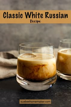 two glasses filled with liquid sitting on top of a counter next to a cloth and napkin