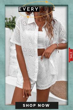 Women's Cotton Hollow Embroidered Shirt & Shorts Two-piece Set (without Camisole) Embroidered Beach Sets For Spring, Cotton Beach Sets With Floral Embroidery, Beach Sets With Floral Embroidery In Cotton, Casual Embroidered Sets For Vacation, White Embroidered Vacation Sets, White Floral Embroidery Sets For Vacation, Beach Embroidered Cotton Set, Embroidered Short Sleeve Summer Sets, Summer Embroidered Short Sleeve Sets