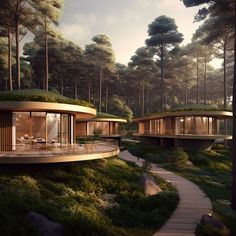 an artist's rendering of two circular houses in the woods with trees around them