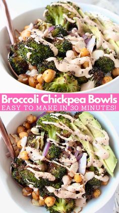 two bowls filled with broccoli and chickpeas