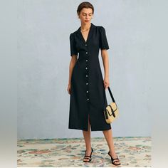 French Vintage Style Dress, Very Flattering! Questions? Leave A Comment Below! Black Button Down Dress Midi, Midi Dress With Loafer, Button Down Collared Midi Dress, Coat Dress Summer, Botton Dresses, Puff Sleeve Design, Puff Sleeve Midi Dress, Tailored Clothes, Short Sleeve Midi Dress