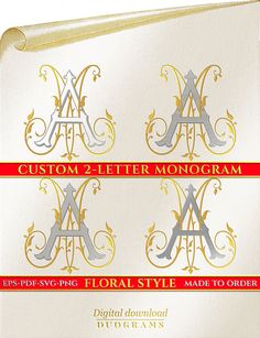 three letter monograms are shown in gold, silver and red on a white background