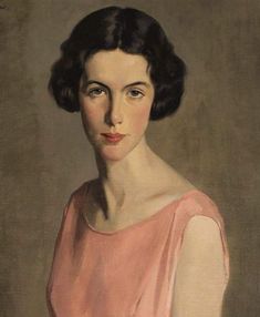 a painting of a woman in a pink dress with her hands on her hips and looking at the camera