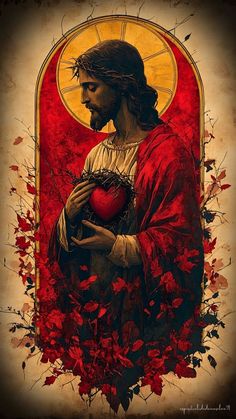 jesus holding a heart surrounded by red leaves