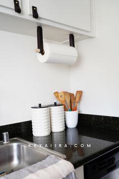 the kitchen counter is clean and ready to be used as a place for cutting utensils