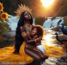 an image of a woman holding a child in the water with sunflowers behind her