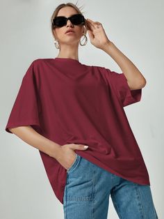 Solid Drop Shoulder Oversized Tee Plain T Shirt, Tshirt Outfits, Women T Shirts, Oversized Tee, Women Tops, Half Sleeve, Oversized Tshirt, Amazing Products