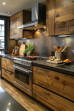 a kitchen with wooden cabinets and stainless steel appliances