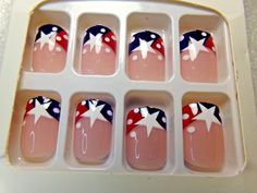 4th of July Nails Shiny American Flag Red White &amp; Blue Stars GLUE ON SHORT July Nails Short, 4th Of July Nails Short, Patriotic Nails, Holiday Pops, Shaped Nails, 4th Of July Nails, Liquid Nails, July Nails