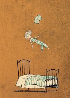 a drawing of a person falling from a kite above a bed with a striped blanket on it