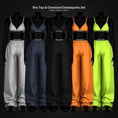 the bra top and overalls set is available in four colors, including black, orange, green, blue, yellow