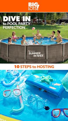 an advertisement for the pool party with people in it