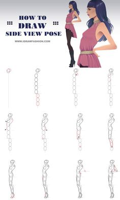 how to draw the side view pose from an animation character's perspective, with instructions for