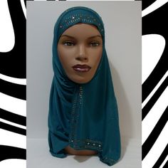 Mona Style Slip On Hijab Scarf Is Solid Color Hijab Cap Has Diamond Rhinestones Finished Edge Has Diamond Rhinestones Fabric Is Polyester Lightweight And Breathable Slip The Hijab Over Your Head The Shayla Portion Is 42 Inches Long Brand New Never Worn Bundle Orders 3+ Items Get 20% Discount Ships Same Day Or Next Day Excluding Weekends And Holidays Pet Free And Smoke Free Home Traditional Blue Hijab For Eid, Elegant Blue Hijab For Eid, Hijab Colors, Hijab Cap, Rhinestone Fabric, Hijab Caps, Instant Hijab, Hijab Scarf, Teal Blue