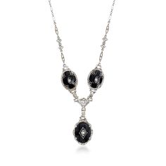 Ross-Simons - C. 1960 Vintage Onyx, .10ct t. w. Diamond Fancy-Link Necklace. 18". C. 1960. Joining our Estate collection, this sophisticated necklace will bring a sense of poise to any formal outfit with its noir color palette and intricately detailed craftsmanship. Amid the milgrain-detailed fancy links of 14kt white gold are three shiny 16x12mm carved onyx ovals that each sparkle with their own round brilliant-cut diamond, totaling .10 carats. Springring clasp, diamond and onyx fancy-link neck Classic Polished Evening Necklaces, Classic Evening Necklaces With Polished Finish, Classic Polished Finish Necklace For Evening, Classic Evening Necklace With Polished Finish, Classic Polished Necklace For Evening, Classic Evening Necklace With 17 Jewels, Victorian White Gold Necklaces For Evening, Art Deco White Gold Necklace For Evening, Victorian White Gold Necklace For Evening