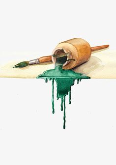 a watercolor drawing of a paint roller with green liquid dripping from it on the floor