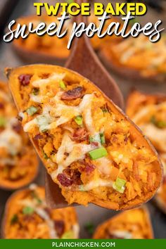 sweet baked sweet potatoes with bacon, cheese and green onions in the middle on a wooden spoon