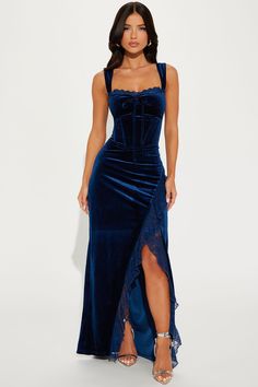 Available In Navy. Velvet Maxi Dress Sleeveless Sweetheart Neckline Corset Waist Ruffle Stretch Shell 1: 95% Polyester 5% Spandex Shell 2: 90% Nylon 10% Spandex Lining: 100% Polyester Imported | Sydney Velvet Maxi Dress in Navy Blue size XL by Fashion Nova Navy Blue Maxi Dress, Holiday Party Fashion, Maxi Dress Sleeveless, Satin Shirt Dress, Long Sleeve Fitted Dress, Gowns Dresses Elegant, Corset Waist, Velvet Maxi Dress, Velvet Maxi