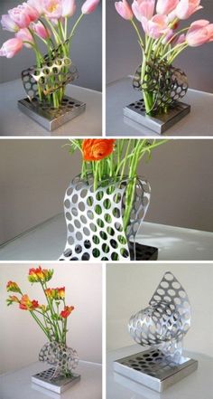 four pictures of different vases with flowers in them