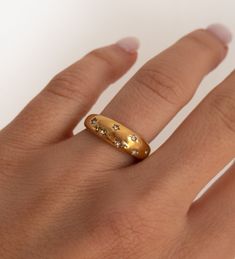 Gold Dome Ring with Crystals Runs true to size 18K Gold Plated Stainless Steel Water Resistant Gold Dome Ring, Dome Ring, Domed Ring, Ring Gold, Steel Water, Ring Necklace, Toronto, Gold Rings, 18k Gold